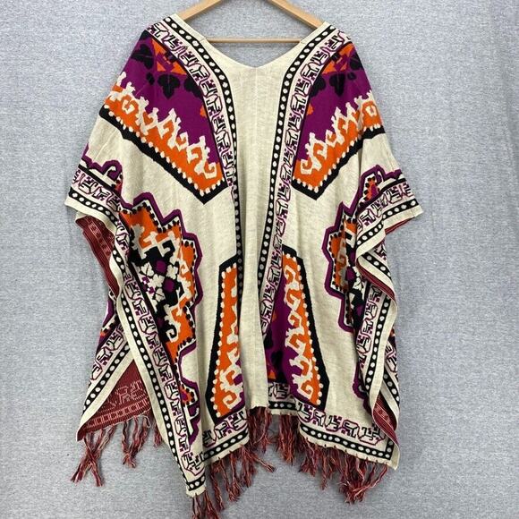 Flying Tomato Poncho Womens Medium/Large Aztec Beige Orange Fringe Boho Chic - Picture 3 of 10